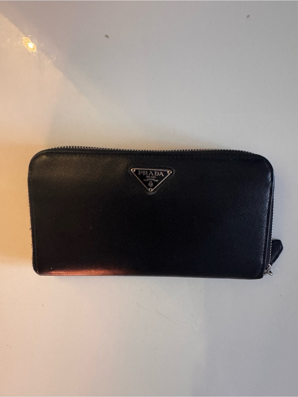 Prada Black Saffiano Zip Wallet with Triangle Logo
